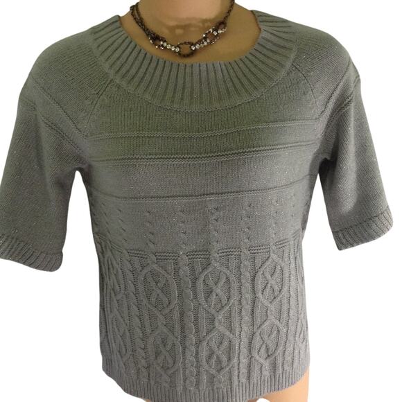 WORTHINGTON Gray Shimmer Cable Knit Short Sleeve Sweater Women's Size Large - Picture 1 of 5